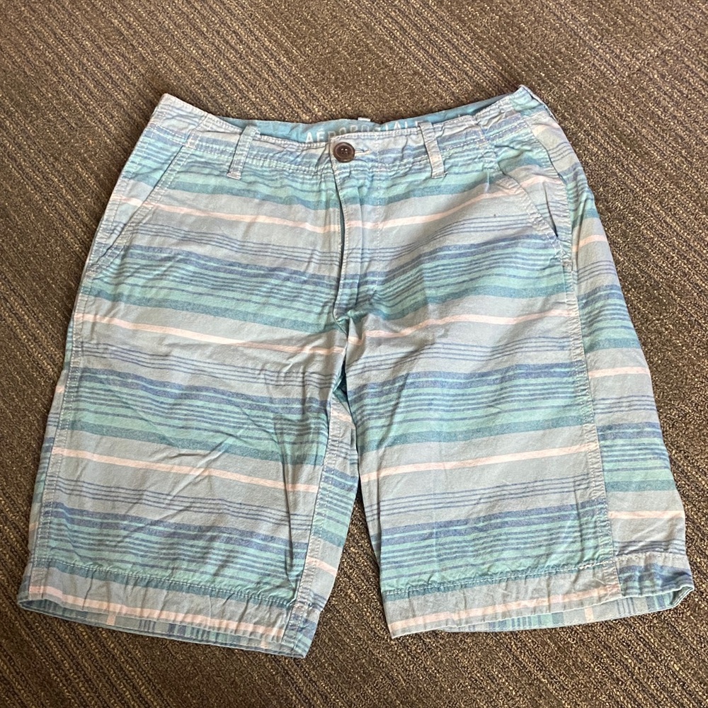 Aeropostale Men's Aqua and White Striped Shorts